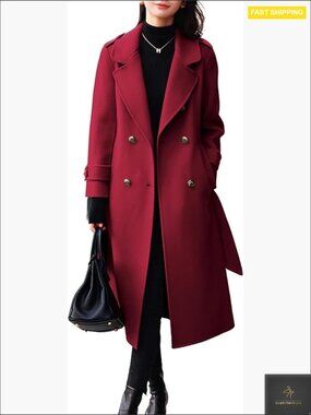 Wool Pea Coat Double Breasted Midi Long Belted Trench Elegant Classic